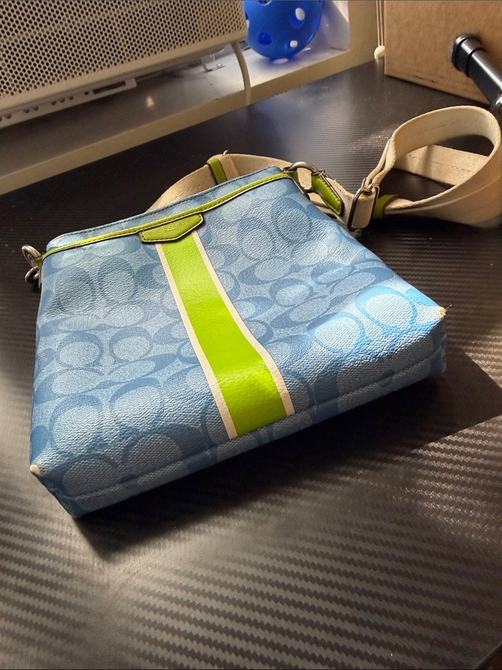 Coach F51265 Blue Signature Stripe Swingpack Crossbody Green - Picture 3 of 5
